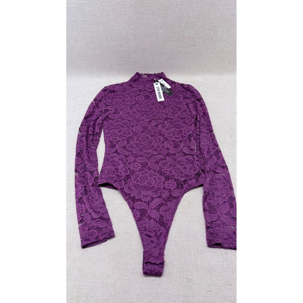 Steve Madden‎ Womens XS Purple Stretch Lace Bodysuit Mock Neck Long Sleeve NWT